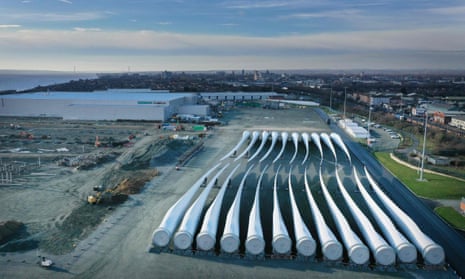 Aerial view of wind turbine blades stored on the quayside ready for shipping at the Siemens Gamesa factory in Hull, north-east England