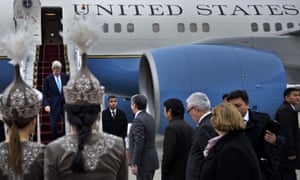 US Secretary of State John Kerry arrives in Bishkek, Kyrgyzstan on Saturday.