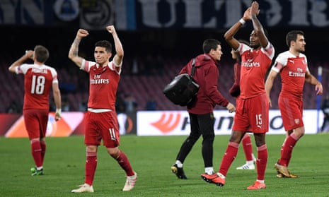 Lucas Torreira of Arsenal and Ainsley Maitland-Niles of Arsenal applaud the travelling Gooners.