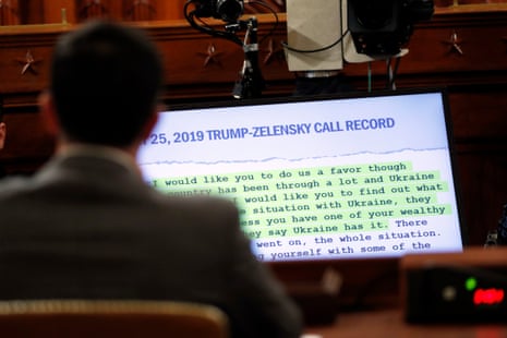 A portion of the transcript of the 25 July phone call between Trump and Zelensky is is displayed on a monitor.