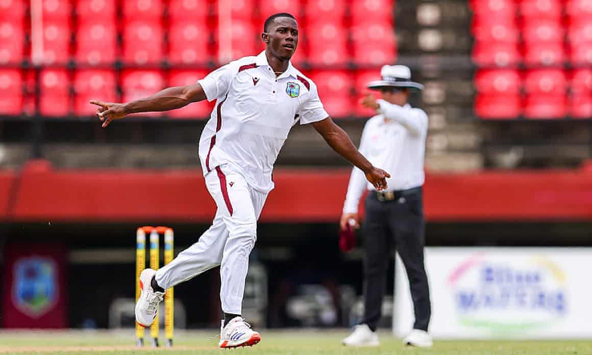 Shamar Joseph celebrates taking a wicket