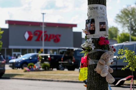 A memorial at the Tops Friendly Market in Buffalo, New York, where a white supremacist killed 10 Black people on 14 May 2022. 