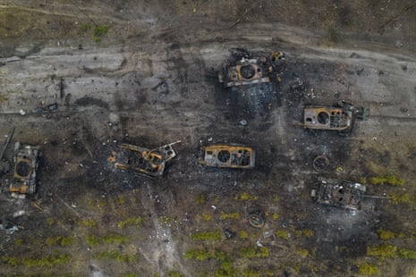 Destroyed Russian armoured vehicles seen on the outskirts of Kyiv, Ukraine.