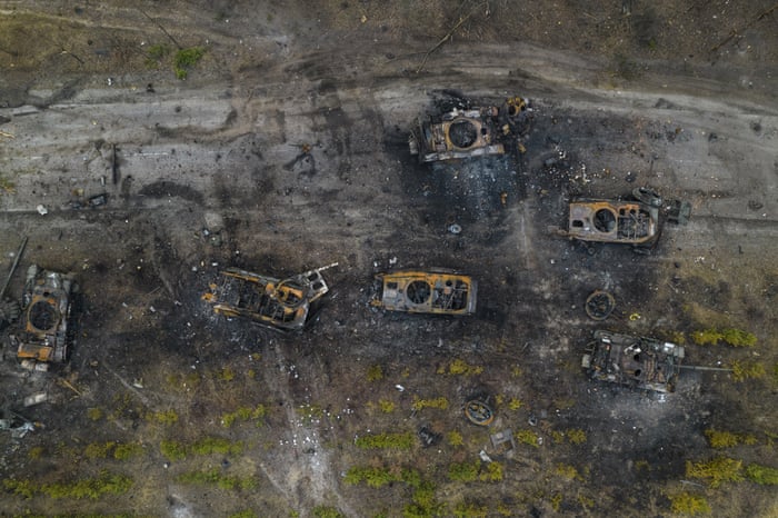 Destroyed Russian armored vehicles sit on the outskirts of Kyiv, Ukraine.