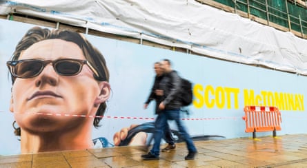A ‘Choose Scotland’ mural featuring Scott McTominay at a famous location from the film Trainspotting in Princes Street, Edinburgh.