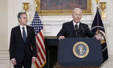 US secretary of state, Antony Blinken, left, as President Joe Biden delivers remarks on the Hamas attacks in Israel at the White House on Saturday.