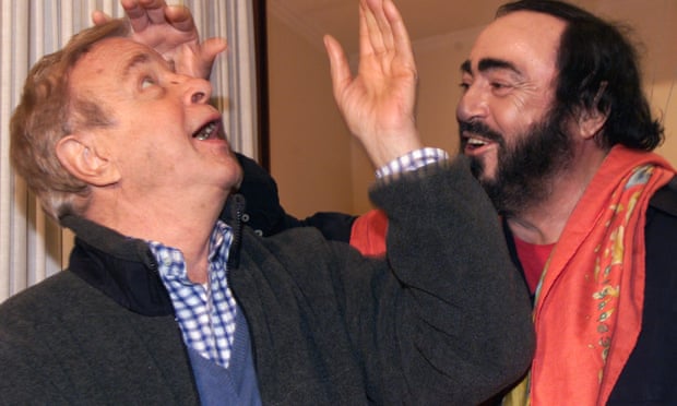 Franco Zeffirelli joking with the tenor Luciano Pavarotti at the time of their centenary production of Tosca in Rome, 2000.