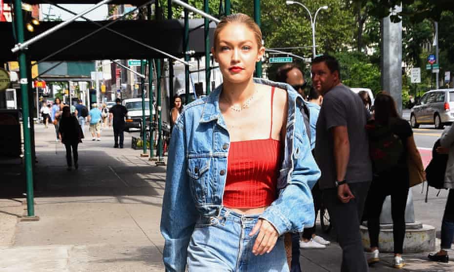 Model Gigi Hadid ‘shrobing’ her denim jacket in New York