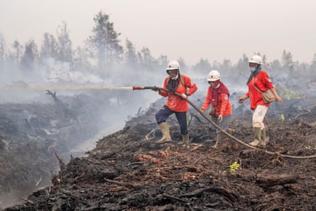 Members of the all-women The Power of Mama volunteer firefighting team spray water onto smouldering peatland in Mensubuk Lama, West Kalimantan. Indonesia has been battling fires for weeks.