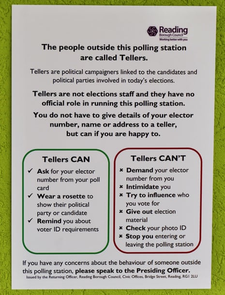 A notice. at a polling station in Emmer Green, Reading, saying what election tellers representing the political parties are and are not allowed to do.