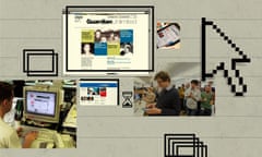 The Guardian website iterations during the tenure of Alan Rusbridger, pictured (right) at the launch of a major redesign in 2015