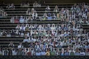 Cardboard cutouts of Borussia Mönchengladbach supporters have been installed on the stands at Borussia Park