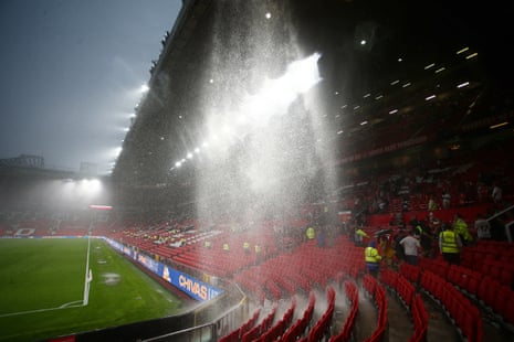 12 May 2024Rain cascades down through Old Trafford’s roof following their match with Arsenal which the visitors won 1-0.