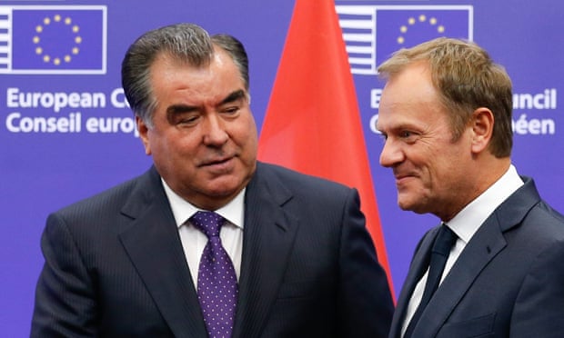 Tajik president Emomali Rahmon with European Union council president Donald Tusk.