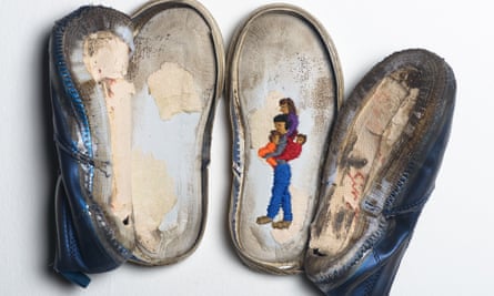 Heart and soul: shoes from the Soleless series (2018) by Aya Haidar in which the shoes of refugees were embroidered.