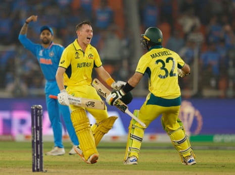 Marnus Labuschagne and Glenn Maxwell celebrate after winning the ICC Cricket World Cup.