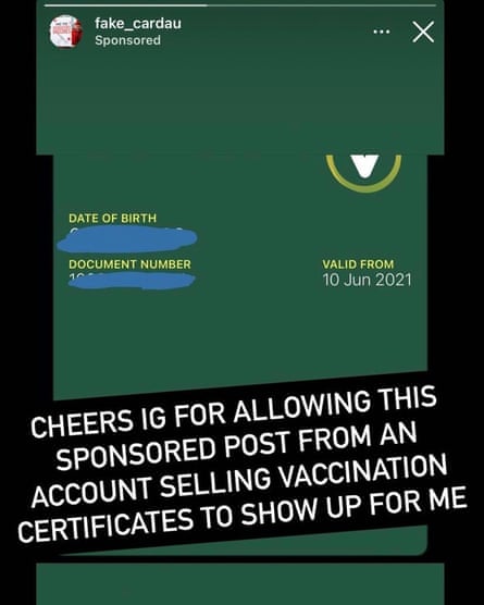 Screenshot of Instagram ad offering offering fake vaccine certificates.