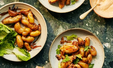 chicken wings in lemon, honey and oregano with baby potato and harissa yoghurt.