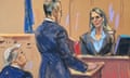 Hope Hicks is cross-examined by defense lawyer Emil Bove during Trump’s criminal trial in New York on 3 May 2024 in this courtroom sketch.