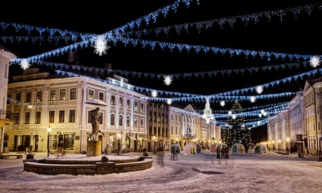 Tartu town hall square, decorated for Christmas. 