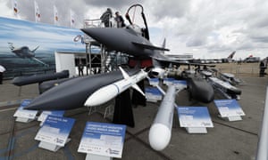 A BAE Typhoon fighter on display at this year’s Farnborough airshow, along with a selection of missiles.