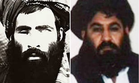 A picture believed to be of the late Afghan Taliban leader Mullah Omar, left. The appointment of his successor Mullah Akhtar Mansoor, right, has been challenged by senior figures in the militant movement.