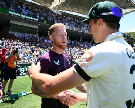 England’s captain, Ben Stokes, shakes hands with his Australia counterpart, Pat Cummins