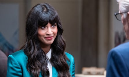 Jameela Jamil with Ted Danson in The Good Place.
