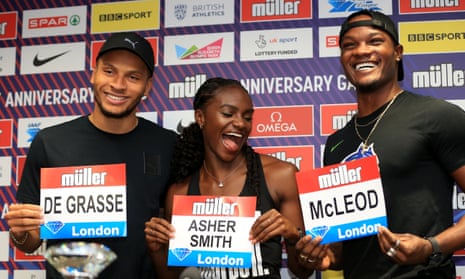 Dina Asher-Smith enjoys the limelight with men’s Omar McLeod (right) and Andre De Grasse.