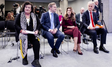 Netherlands' party leaders of the new coalition government (from left): Caroline van der Plas (Farmer-Citizen), Pieter Omtzigt (New Social Contract), Dilan Yesilgoz (Freedom and Democracy) and Geert Wilders (Party for Freedom).