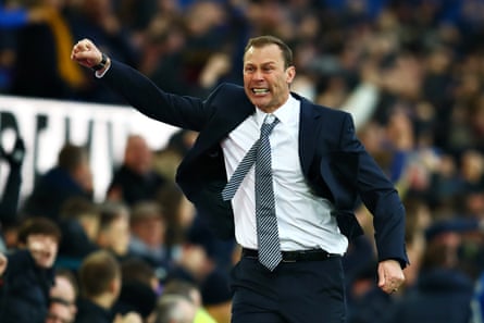 Duncan Ferguson celebrates after Everton score their third goal in a 3-1 win at home to Chelsea in his first game as interim manager.