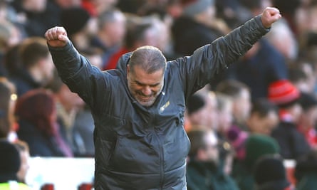 Ange Postecoglou punches the air after Pape Matar Sarr’s goal in Spurs’ 2-0 win at Brentford
