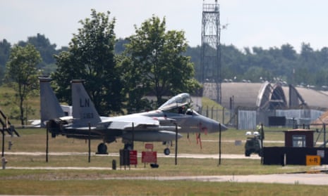 A US air force F-15C Eagle fighter jet on the tarmac at RAF Lakenheath in Suffolk, England