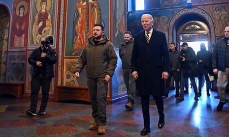 Volodymyr Zelenskiy and Joe Biden visit St Michael’s Cathedral in Kyiv, Ukraine, on Monday. 