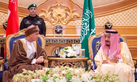 King Salman of Saudi Arabia, right, speaks to Fahd bin Mahmoud al Said, deputy prime minister of Oman