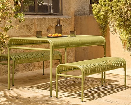 Green Metal Slat 3 Piece Bench Set in a sunny garden