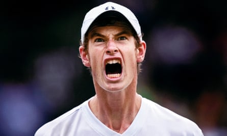 Andy Murray unleashes a trademark scream on Centre Court against David Nalbandian of Argentina at Wimbledon in 2005