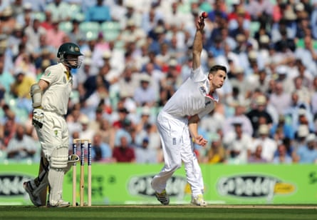 Chris Woakes bowls mid-action as a batsman watches near the stumps