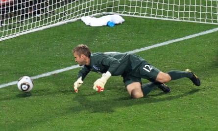 Rob Green watches the ball roll over the line during England’s opening match of the 2010 World Cup against USA