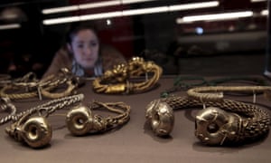 Gold, silver, and copper torcs from the Snettisham hoard on display at the British Museum