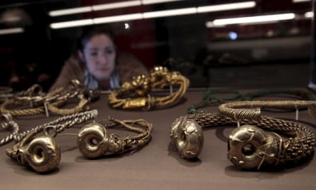 Gold, silver, and copper torcs from the Snettisham hoard on display at the British Museum
