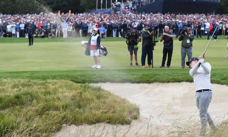 Matt Fitzpatrick hits his approach shot on the final hole at the US Open