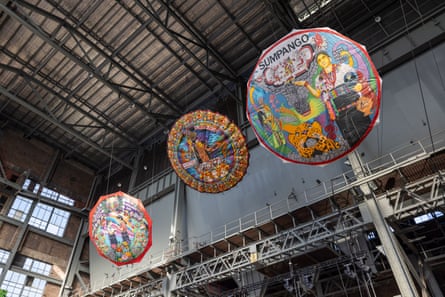 Work by the collective Orquídeas Barrileteras, Guatemala’s first female group of kite-makers, hangs at the White Bay Power Station.