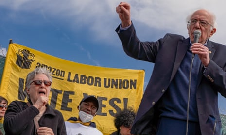 Bernie Sanders at the LDJ5 Amazon center in Staten Island in April. ‘You can’t win elections unless you have the support of the working class of this country.’