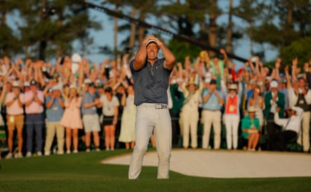 Rory McIlroy’s Masters reacts after sinking the winning putt of the playoff at Augusta.