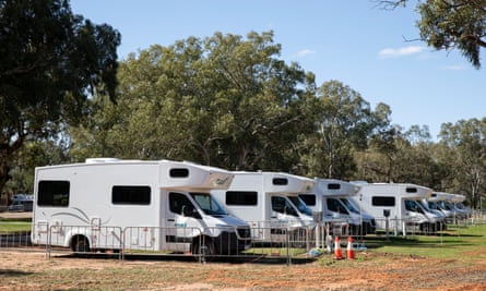 A line of motor homes in Wilcannia, waiting to house people isolating with Covid