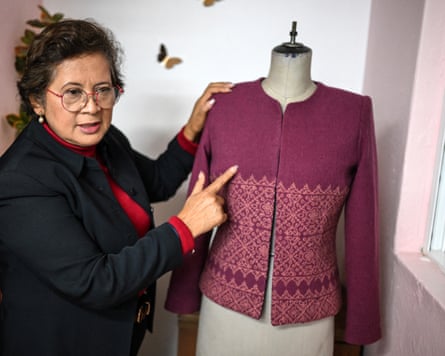 Mexican seamstress and designer Olivia Trujillo Cortes displays one of the garments made for Sheinbaum, 2025.
