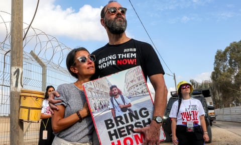 Jonathan Polin and Rachel Goldberg, parents of Israeli hostage Hersh Goldberg-Polin, at a demonstration by  families of the hostages taken by Hamas