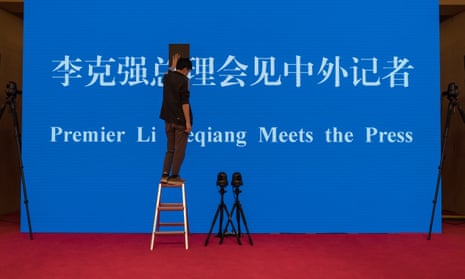 Preparations for Prime Minister Li Keqiang’s press conference at the end of the National People’s Congress in Beijing last May.