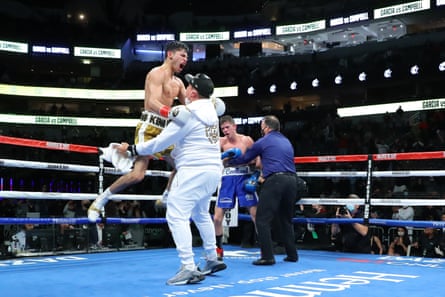Ryan Garcia celebrates his victory over Luke Campbell at American Airlines Centre in January 2021 in Dallas, Texas.